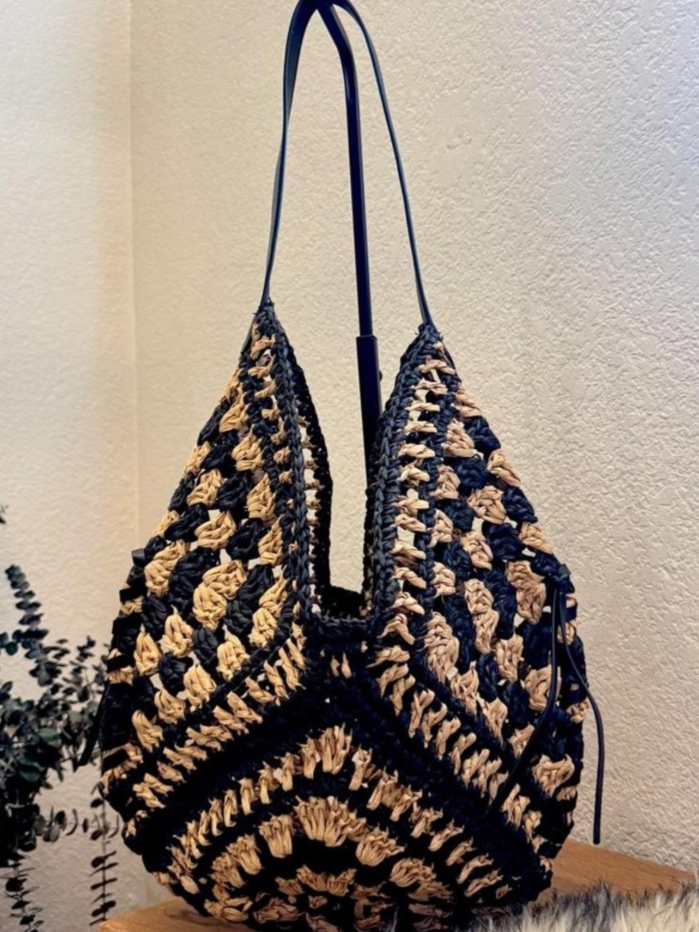 Black and Natural Crochet Shoulder Bag